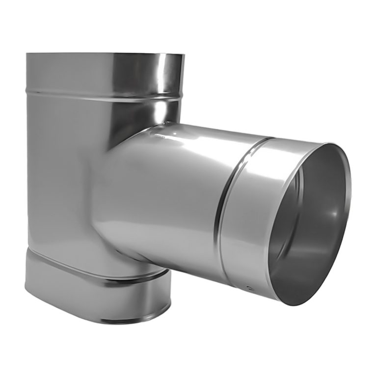 Ovālās skursteņa čaulas t-gabals 90&deg; 110&times;230 ar &Oslash;110 izeju &scaron;aurajā pusē (1mm) &ndash; OTK110X230/110-90-B